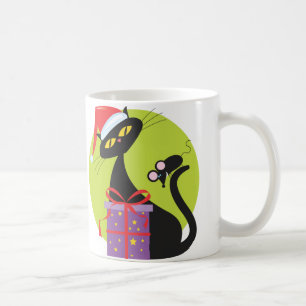 1950s Christmas Black Cat Black Mouse Coffee Mug