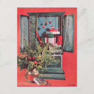 1950's Christmas Card, Chest with Presents, Bulbs Holiday Postcard