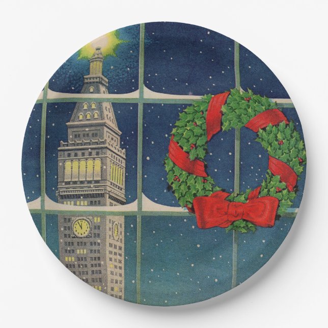 1950s Christmas in the city Paper Plate (Front)