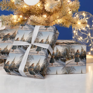 1950s Christmas Lady English Village Wrapping Paper