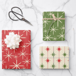 1950s Christmas Patterns in Retro Red Green Cream Wrapping Paper Sheet
