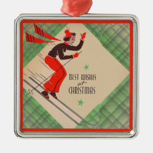 1950s Christmas skier Metal Tree Decoration