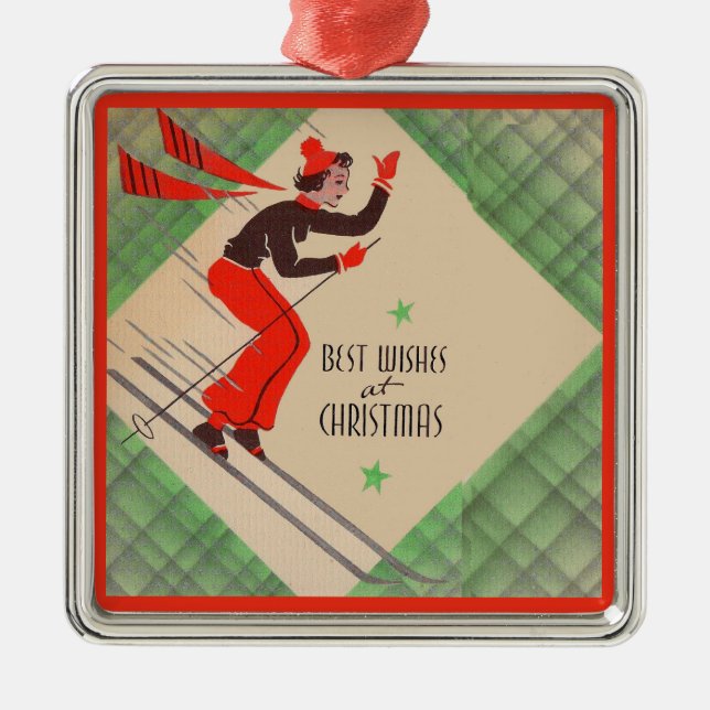 1950s Christmas skier Metal Tree Decoration (Front)