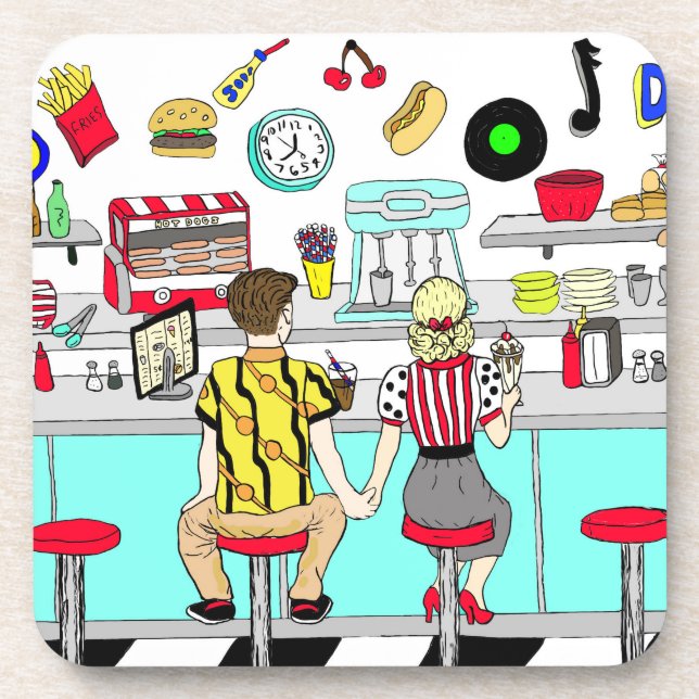 1950's Couple Holding Hands at  Diner    Coaster (Front)
