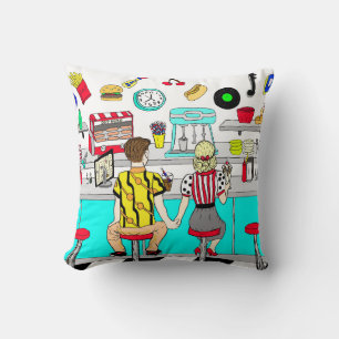 1950's Couple Holding Hands at  Diner   Cushion