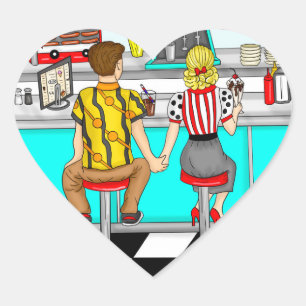 1950's Couple Holding Hands at Diner    Heart Sticker