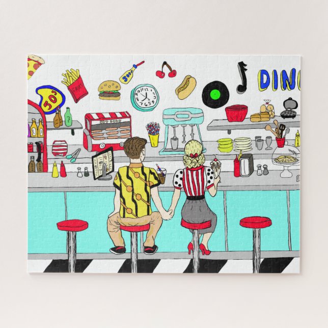 1950's Couple Holding Hands at  Diner   Jigsaw Puzzle (Horizontal)