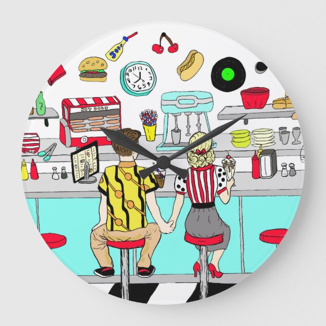1950's Couple Holding Hands at  Diner    Large Clock (Front)