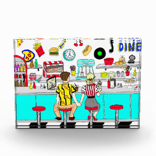 1950's Couple Holding Hands at Diner Photo Block