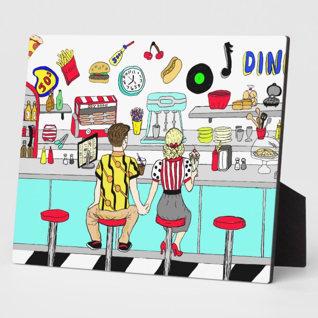 1950's Couple Holding Hands at  Diner   Plaque (Side)