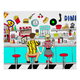 1950's Couple Holding Hands at  Diner  Poster