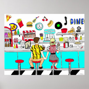 1950's Couple Holding Hands at  Diner Poster