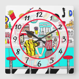 1950's Couple Holding Hands at Diner Square Wall Clock
