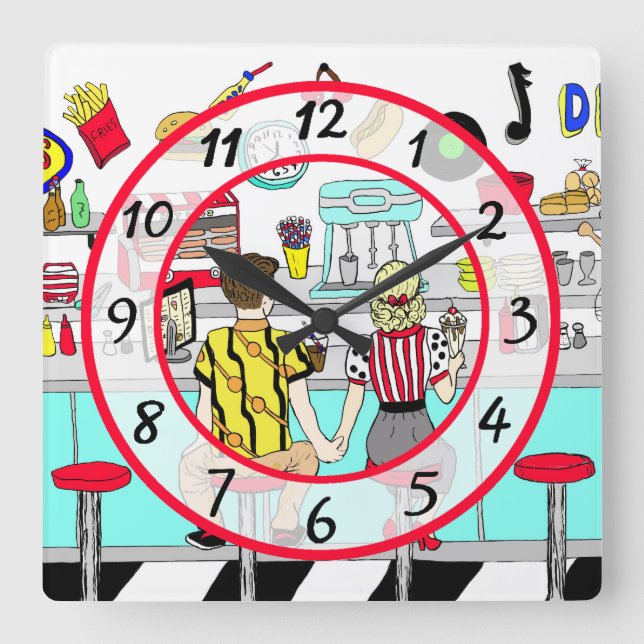 1950's Couple Holding Hands at  Diner  Square Wall Clock (Front)