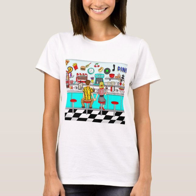 1950's Couple Holding Hands at Diner  T-Shirt (Front)