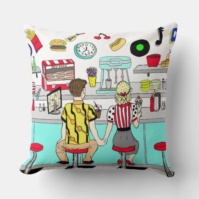 1950's Couple Holding Hands at  Diner   Throw Pill Cushion (Front)