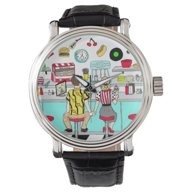 1950's Couple Holding Hands at  Diner  Watch (Front)