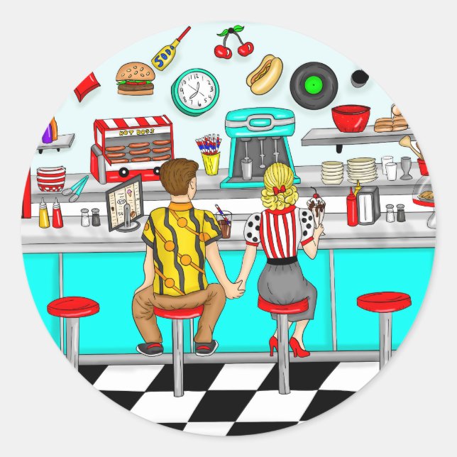 1950's Diner | Couple Holding Hands  Classic Round Sticker (Front)
