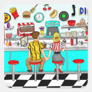 1950's Diner   Couple Holding Hands   Square Sticker
