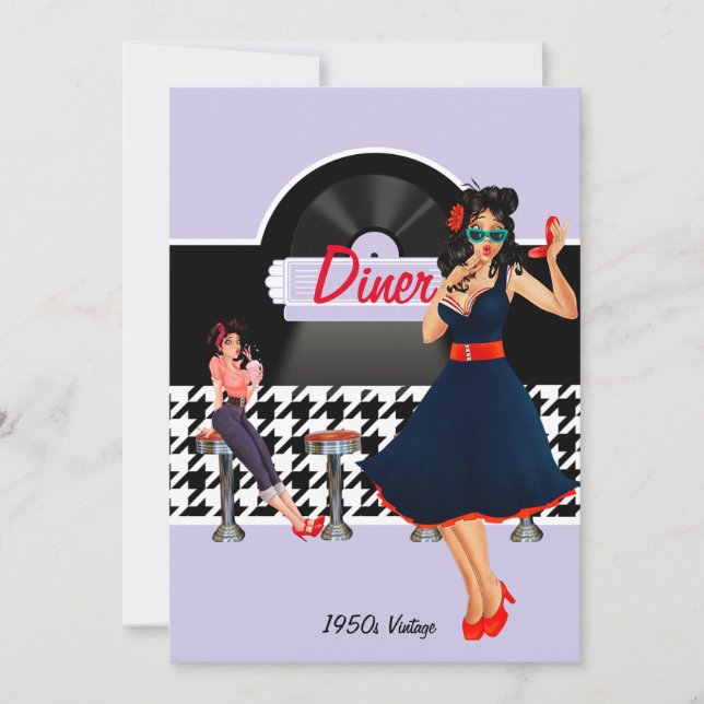 1950s Diner lavender black & white chequered Invitation (Front)