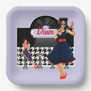 1950s Diner lavender black & white chequered Paper Plate