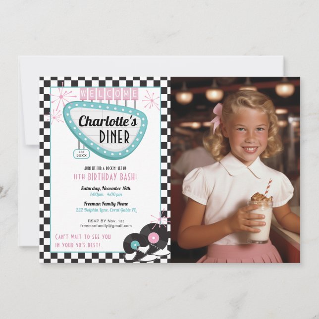 1950s Diner Photo Birthday Invitation – Retro Sock (Front)