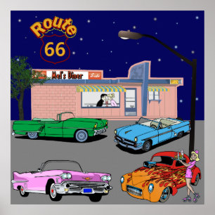 1950s Diner Route 66 and Vintage Cars Poster