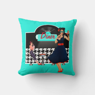 1950s Diner teal black & white chequered Cushion