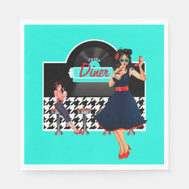 1950s Diner teal black & white chequered retro Napkin (Front)