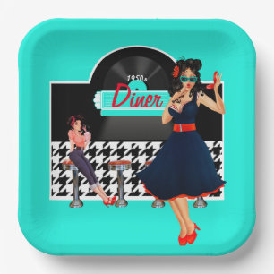 1950s Diner teal black & white chequered retro Paper Plate