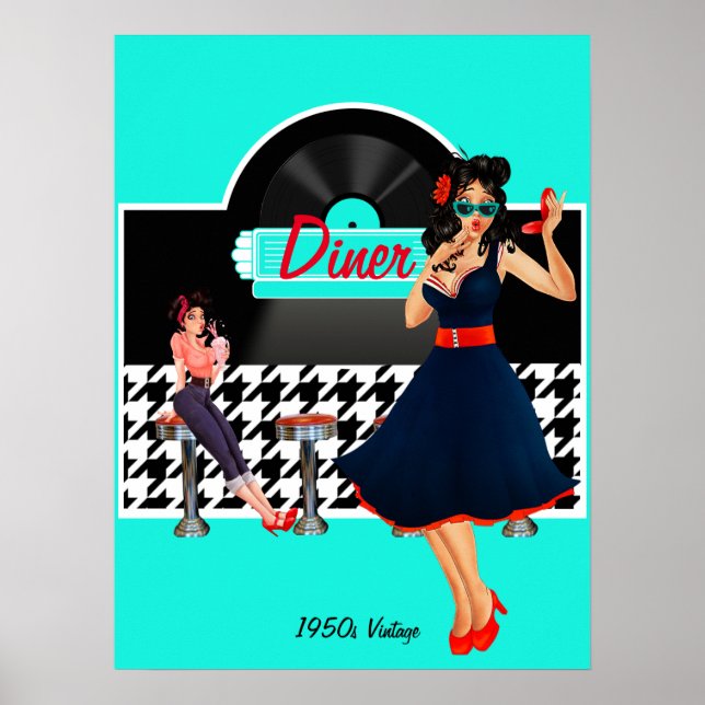 1950s Diner teal black & white chequered retro Poster (Front)