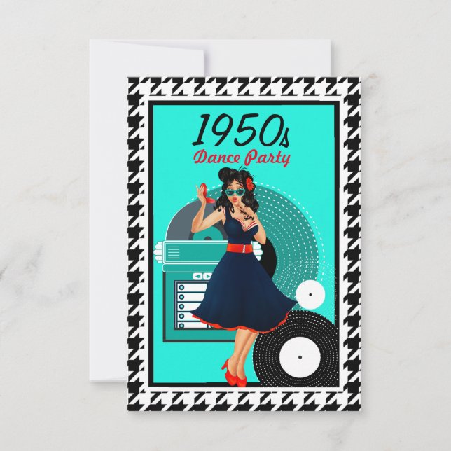 1950s Diner teal black & white chequered retro RSVP Card (Front)