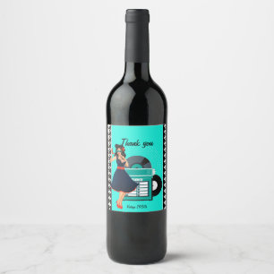 1950s Diner teal black & white chequered retro Wine Label