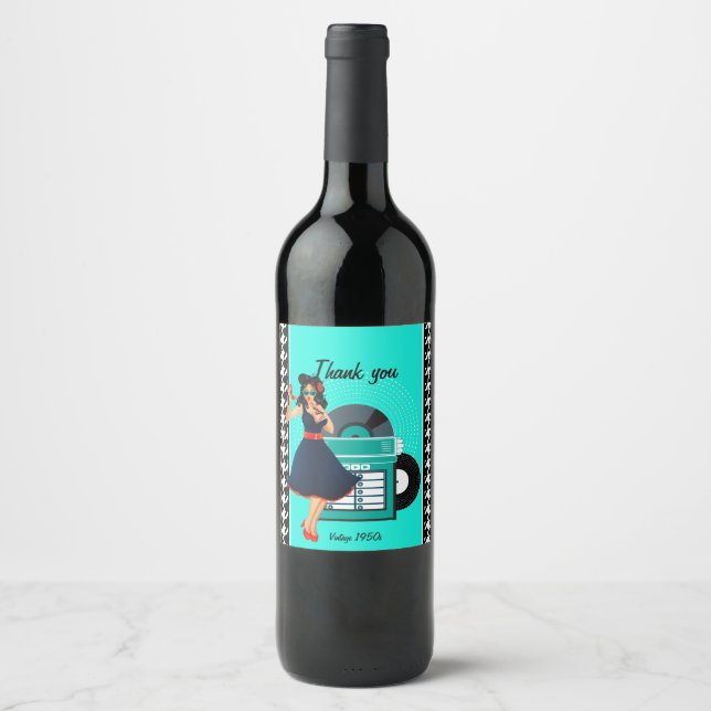 1950s Diner teal black & white chequered retro Wine Label (Front)