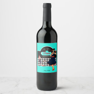 1950s Diner teal black & white chequered Wine Label
