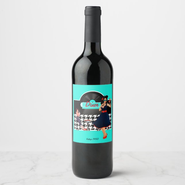 1950s Diner teal black & white chequered Wine Label (Front)