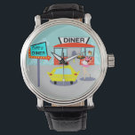1950's Diner Watch<br><div class="desc">Serve up something special with this 1950's Diner Watch. The cartoon drawing design features a red brick building with blue windows, grey double doors, and a white sign that says, "Diner" perched on the roof. In the parking lot, a second sign is on a pole. The sign has a turquoise...</div>