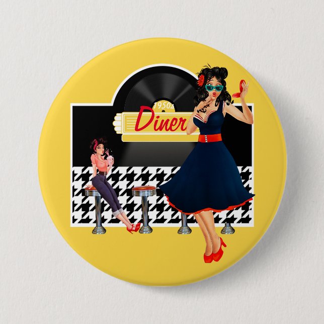 1950s Diner yellow black & white chequered 7.5 Cm Round Badge (Front)