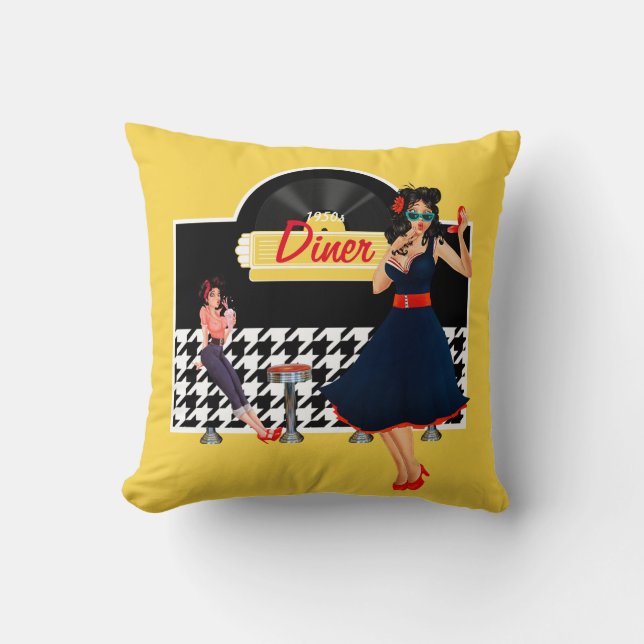 1950s Diner yellow black & white chequered Cushion (Front)