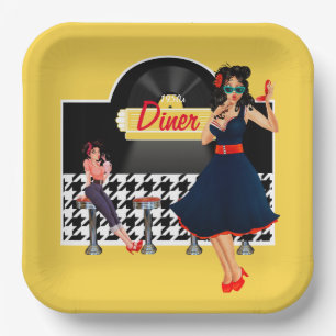 1950s Diner yellow black & white chequered Paper Plate