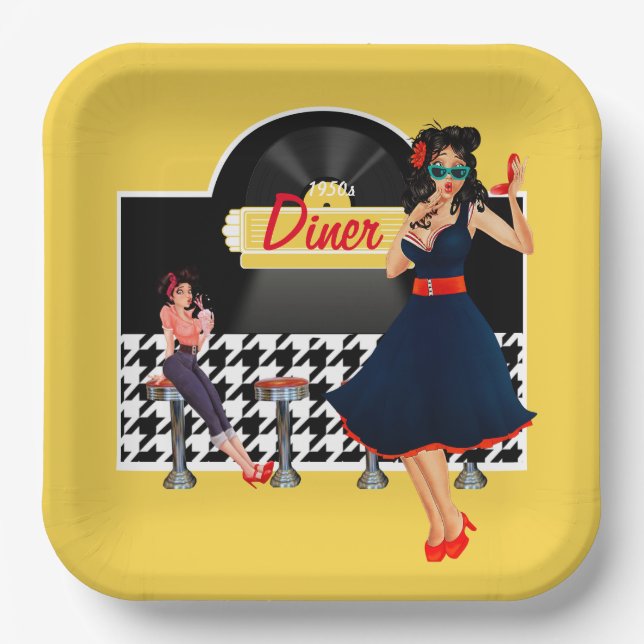 1950s Diner yellow black & white chequered Paper Plate (Front)