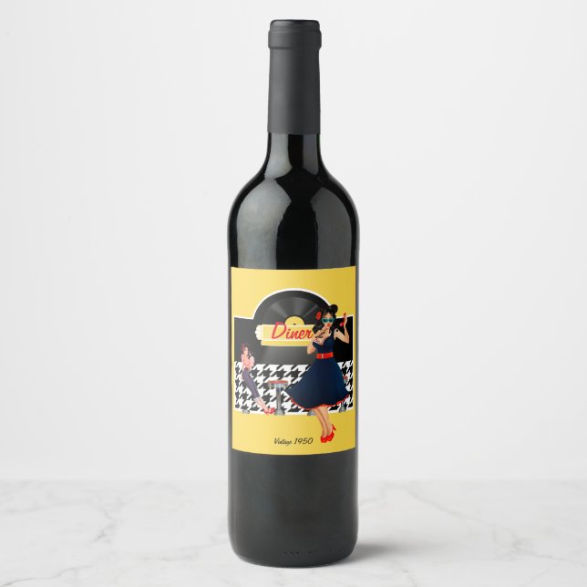 1950s Diner yellow black & white chequered Wine Label (Front)