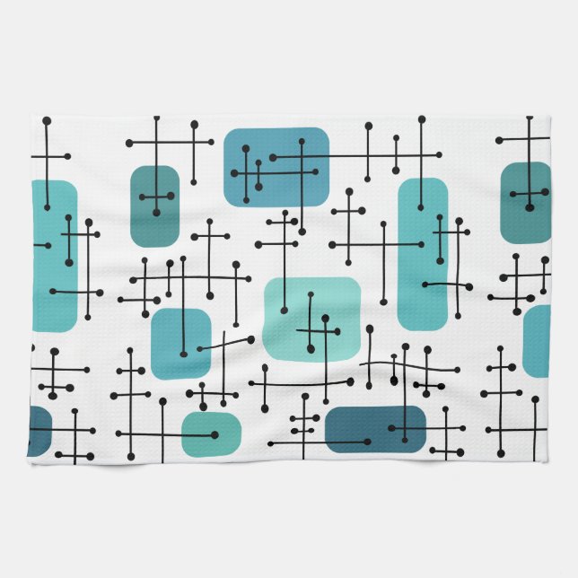 1950s Eames Era Art Crosshairs Turquoise Tea Towel (Horizontal)