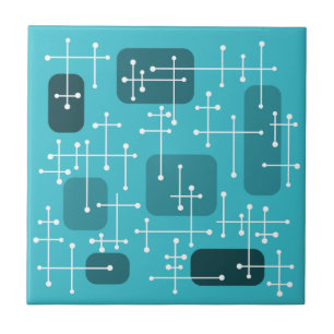 1950s Eames Era Art Crosshairs Turquoise Tile