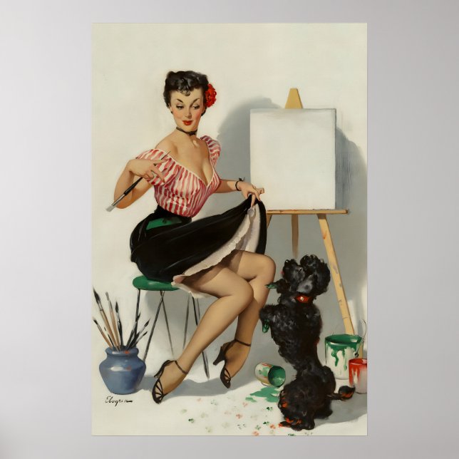 1950's Elvgren Pin-Up Dog Poster Some Help  For (Front)