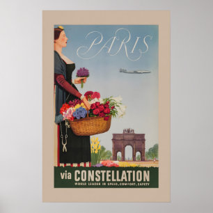 1950s Fly to Paris via Constellation - Vintage Poster