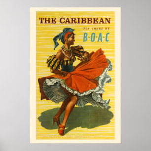 1950s Fly to the Caribbean Vintage Style Travel Poster