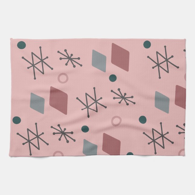 1950s Geometric Abstract Art Pink Grey Tea Towel (Horizontal)