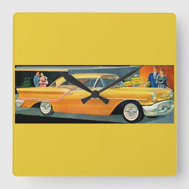 1950s golden Rocket 88 Oldsmobile Square Wall Clock (Front)