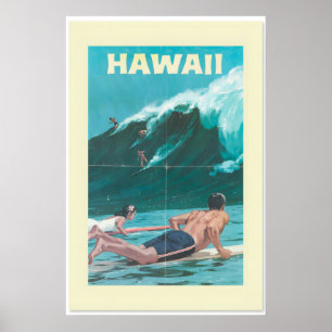 1950s Hawaii Surfing Vintage Style Travel Poster